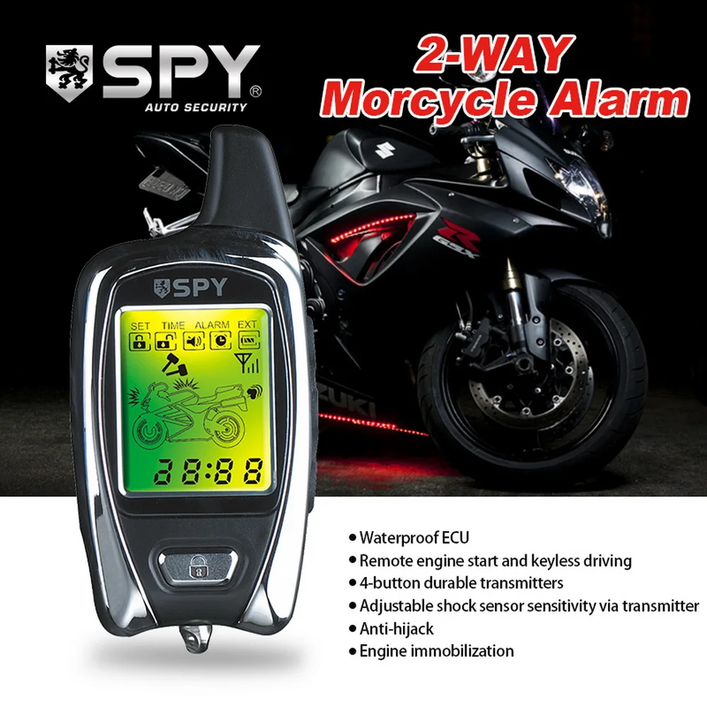 SPY 2 Way Motorcycle Alarm System with Remote Engine Start Starter Microwave Sensor Colorful LCD Pager Display