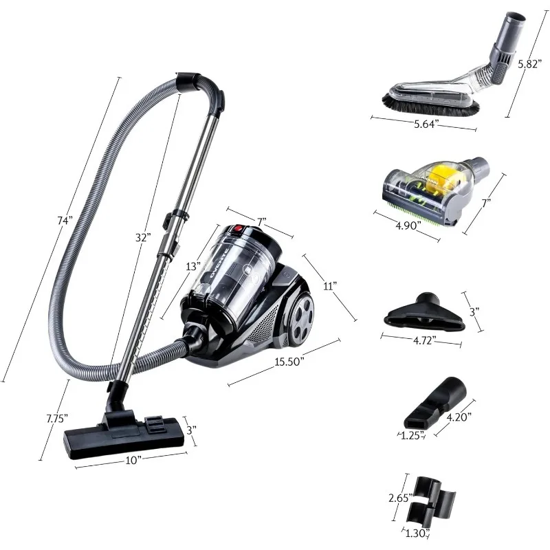 Ovente Heavy Duty Electric Bagless Canister Vacuum Cleaner 3L Dust Cup, Portable Corded Suction Vacuum Machine, Black ST2620B