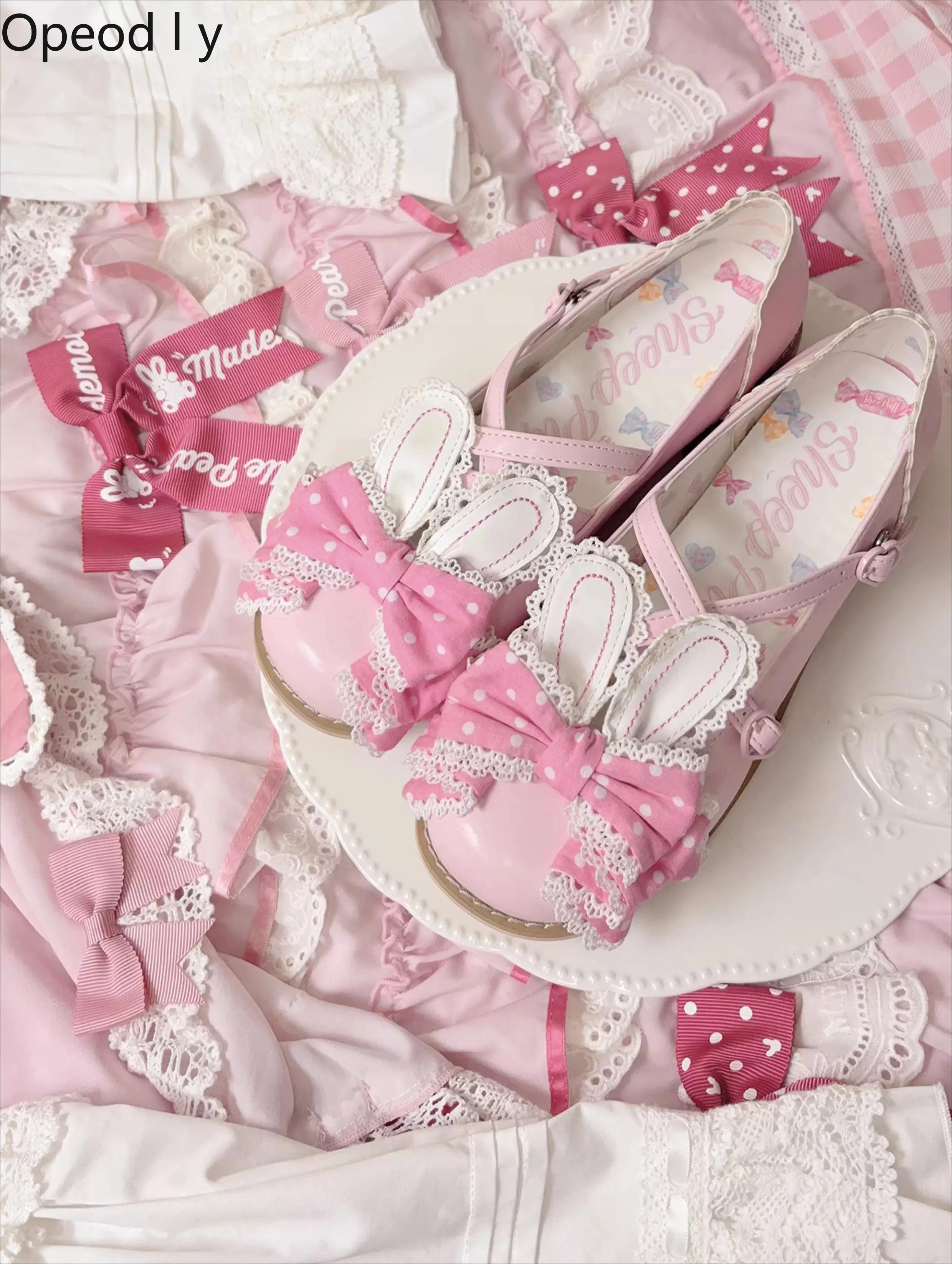 

Lolita Polka Dot Rabbit Ear Bow Low Heel Leather Shoes Sweet Cute Girls Temperament Princess Mary Jane Women's Shoes High Heels