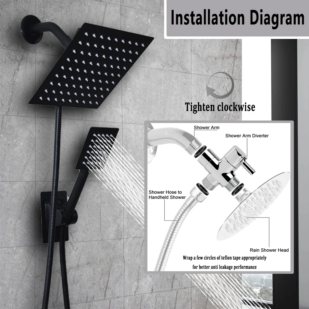 1 Set Black High Pressure Square 8 Inch Rain Shower Head With High Pressure Handheld Shower Combo, Top Shower Head Set With Hose