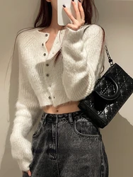 Y2k Crop Tops Women Casual Elegant White Knitted Cardigan Office Lady Pure Color Korean Sweater Coats Female 2022 Autumn Chic