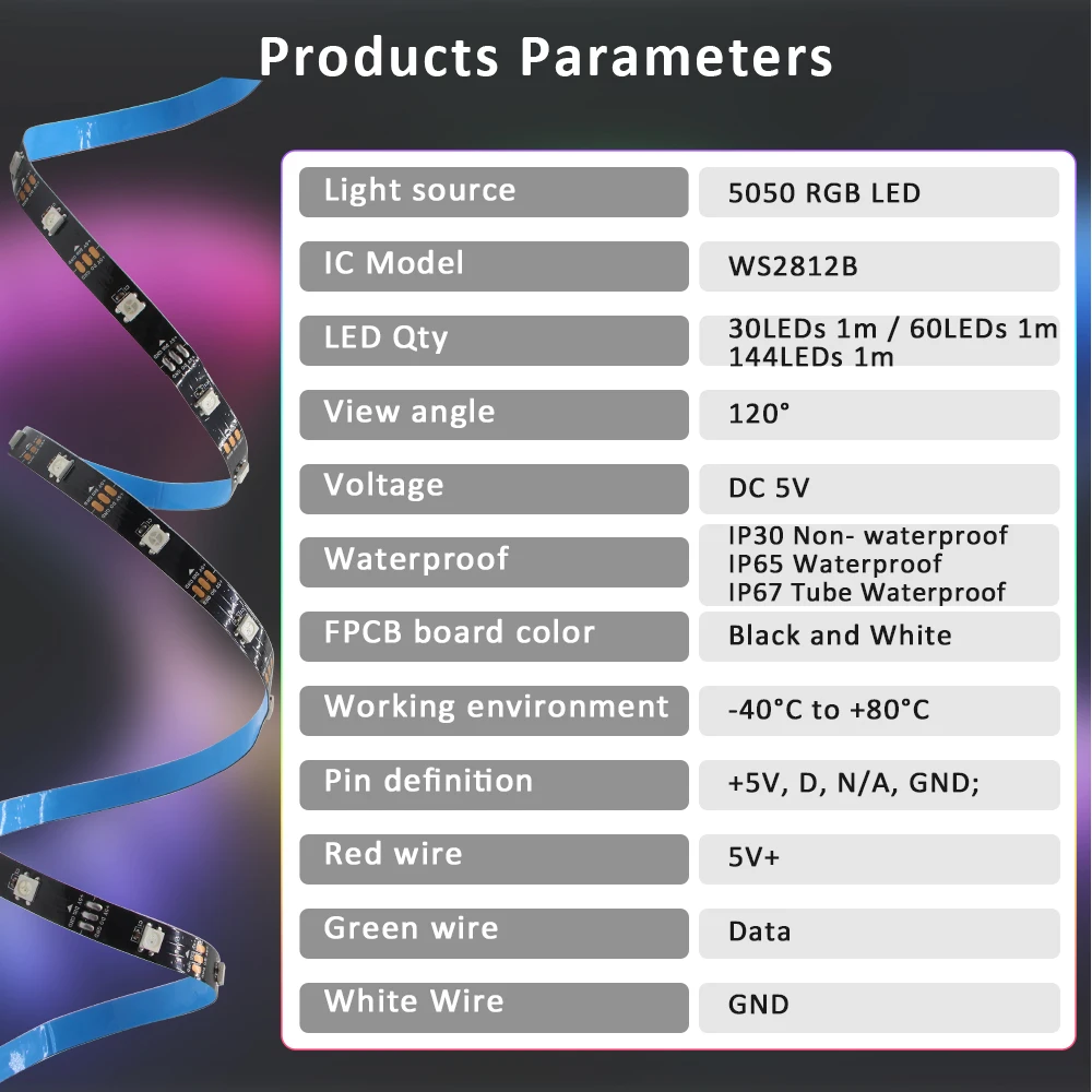 WS2812B USB RGB IC LED Strip Lamp Waterproof LED Chip 5V DC Ribbon Digital Colorful Tape 5050 SMD RF 21key Remote Controller Kit