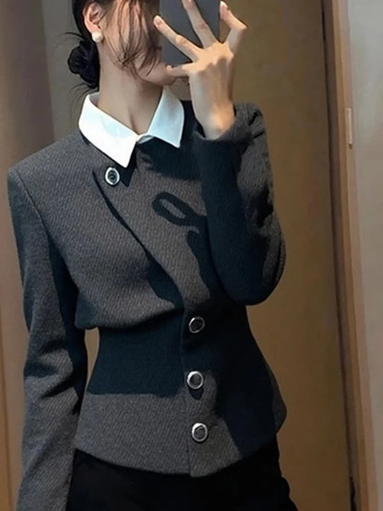 Light Luxury Slim Fit Blazers Women Fake Two Piece Patchwork Button Suit Jacket Autumn Vintage Office Lady Female Simple Tops