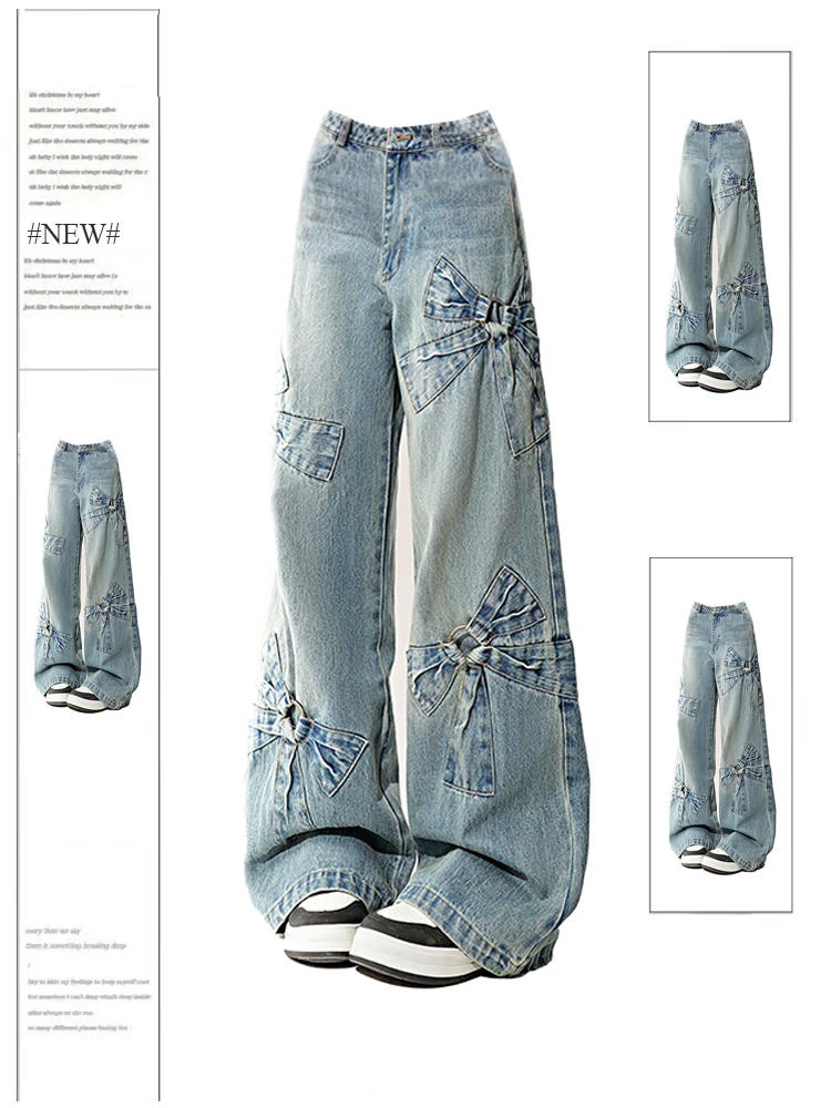 Women Blue Bow Jeans Harajuku Y2k Japanese 2000s Style Aesthetic Baggy Denim Trousers Oversize Jean Pants Vintage Trashy Clothes