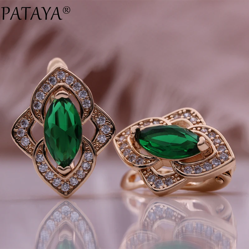 PATAYA New Rhombus Green Earrings Women Fashion Wedding Cute Fine Jewelry 585 Rose Gold Color Natural Zircon Dangle Earrings