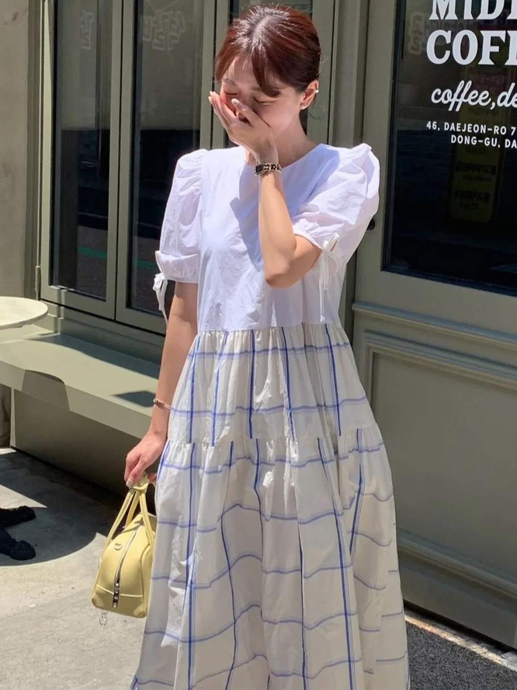 

Summer Chic Vintage round Ne Loose Color Blo Design Plaid ort Sve Dr Women's Faionable Commute Sle Zipper Clo...