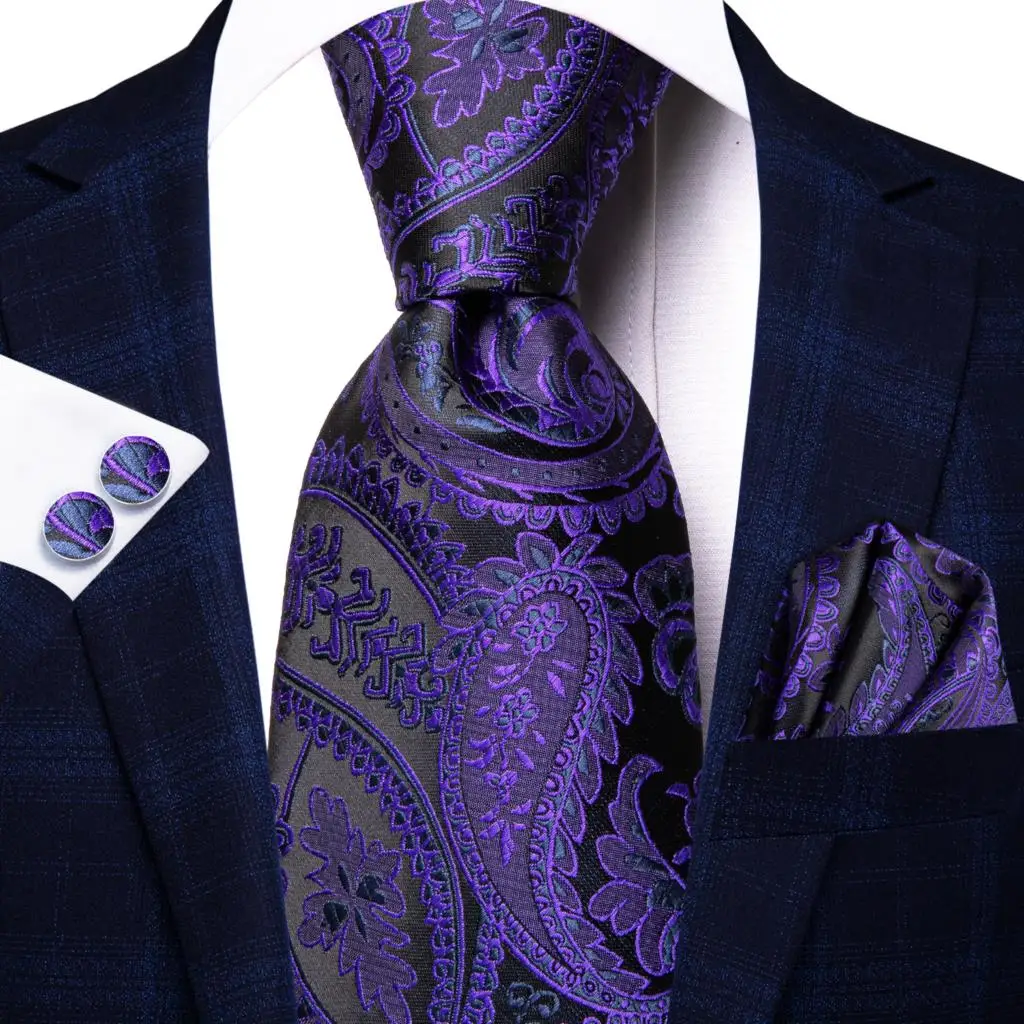 Black Purple Paisley Silk Wedding Tie For Men Handky Cufflink Gift Men Necktie Fashion Business Party Dropship Hi-Tie Designer