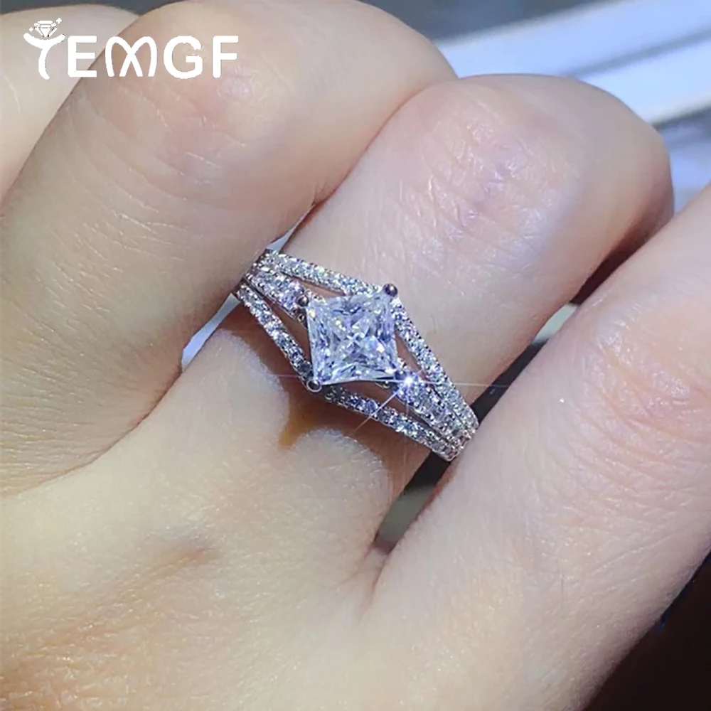 

TEMGF Sparkling Moissanite Ring 1CT Princess Square Cut 925 Silver Fashion Three Rows Ring Women's Fine Jewelry Birthday Gifts