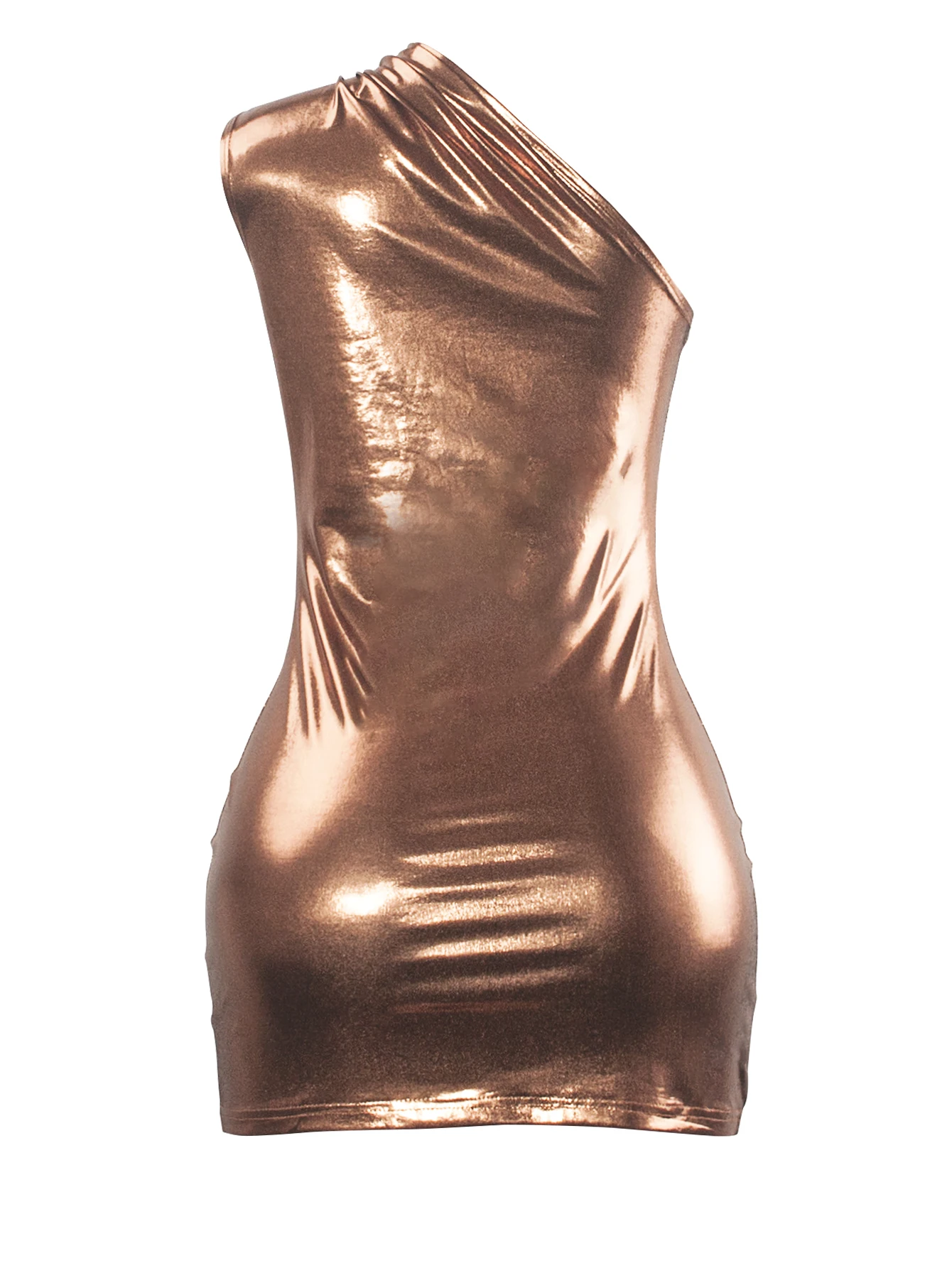 Sexy One-Shoulder-Bodycon-Kleider für Frauen, solides, unregelmäßiges, dünnes Mini-Y2K-Kurz-Minikleid mit Metallic-Vergoldung – Detail 26