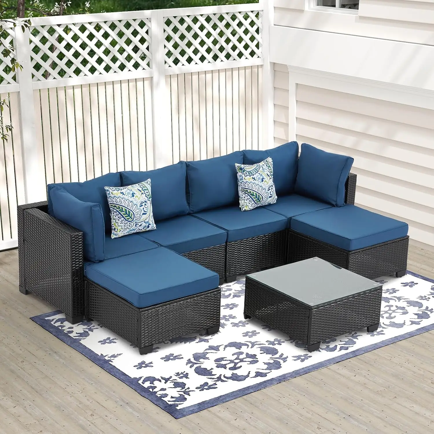 

7-Piece Outdoor Sectional Sofa, 6-Seater Wicker Patio Furniture Set with Tempered Glass Coffee Table