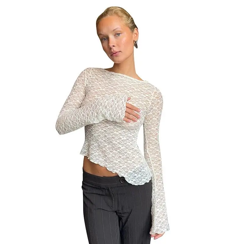 レディース レース 斜め裾 ロング スリムフィット イルトトップ セクシー スレ ポリエステル スパンデックス混紡 ロングスリーブ カラー Tシャツ