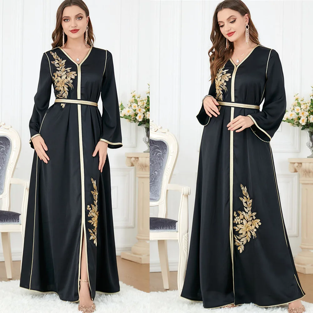 Embroidery Beads Belted Dress Elegant Dubai Kaftan Long Dresses Evening Party Black Abaya Muslim Women Ramadan Islamic Clothing