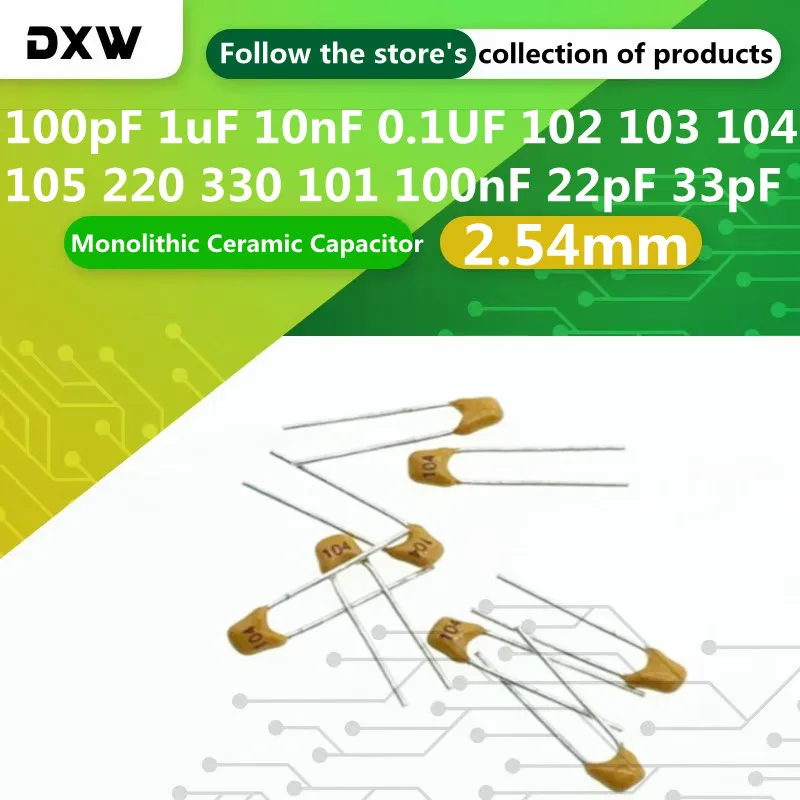 50PCS/Lot Monolithic Ceramic Capacitor 100pF 1uF 10nF 0.1UF 101 102 103 104 105 220 330 50V 100nF 22pF 33pF 2.54mm