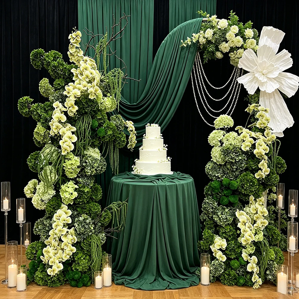 

Luxury Green Orchid Hydrangea Flower Row Wedding Backdrop KT Board Floor Arrangement Stage Aisle Decor Event Props