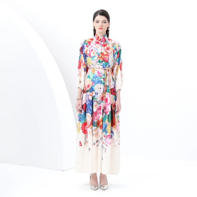 

Early Spring 2025-Vintage Oil Painting Painted Long Section with a Stand Collar Sleeve Wavy Printing Dress