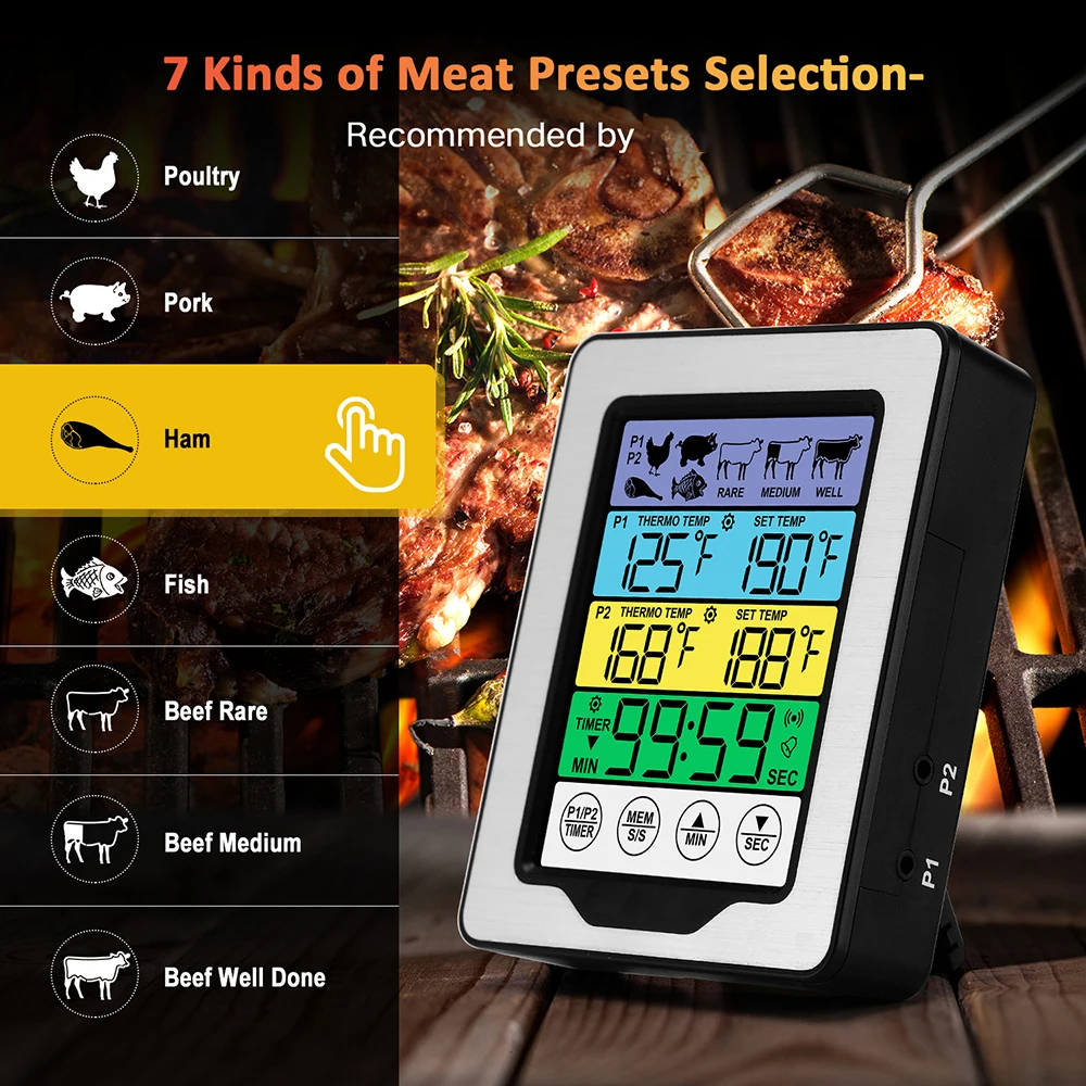 Dual Probe Digital Kitchen Oven Meat Thermometeer Fahrenheit Celsius Conversion Countdown/Timer LCD Backlight BBQ Thermometer