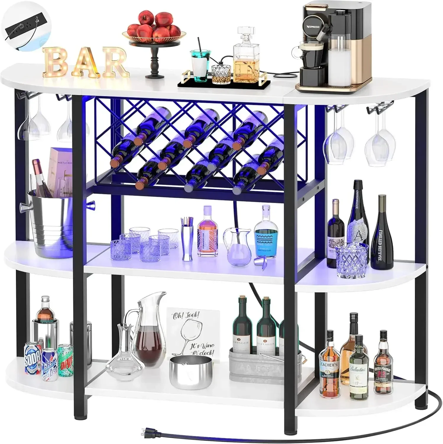 

Bar Table Cabinet with Charging Station,Wine Rack Table with LED light and Storage, Freestanding Floor Bar Cabinet for Liquor