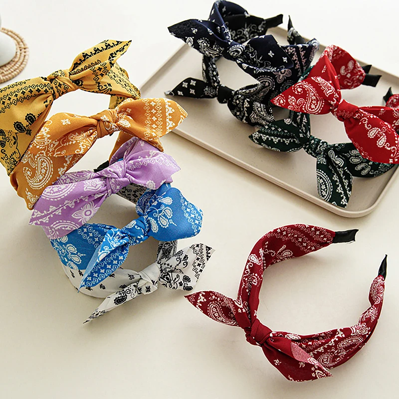 

Fashion Cotton Cashew Flowers Printing Soft Wide Hairhoop Hair Accessories For Women Casual Bow Cross Ethnic Headband