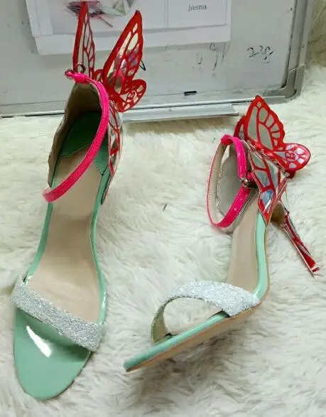 Pink Gorgeous Colorful Butterfly Stiletto High Heels Sandals Shoes Open Toe Sexy Fashion Pumps Shoes Angel Wings Leather Shoes