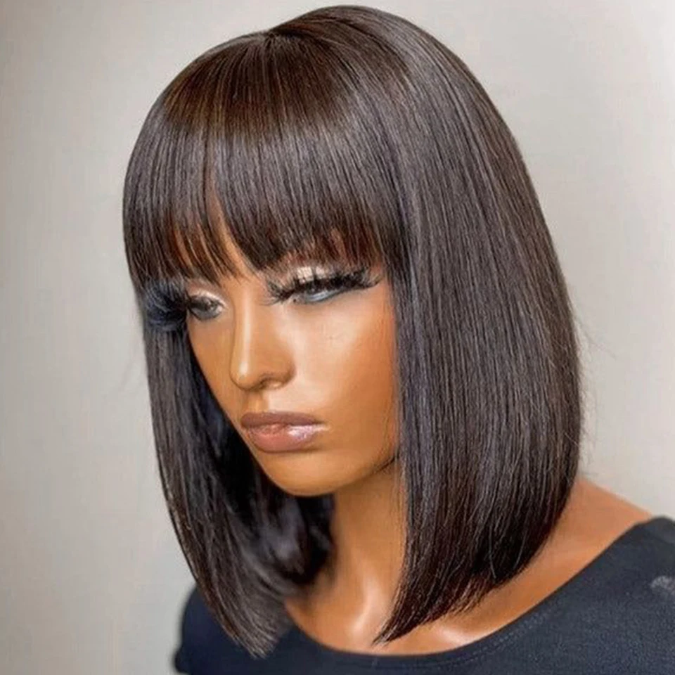 Malaysia Short Straight Hair Bob Wigs Non Lace Glueless Bob Wig Human Hair Wig With Bangs Remy Full Machine Made Wig for Women