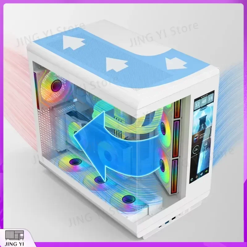 ATX Gaming PC Case Tower with LCD Screen Mid Tower Computer Chassis Tempered Glass RGB Gamer Cabinet DIY Desktop Housing