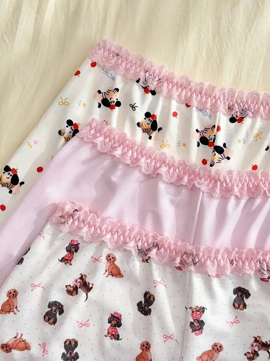 

3pcs Women Casual Cute Printed Pink Lace Trim Design Panties