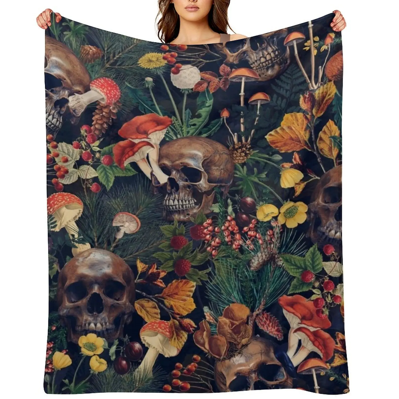 

Vintage Mysterious Skull Moody Floral Forest Pattern Sepia Black Throw Blanket warm for winter Soft Kid'S Luxury Brand Blankets