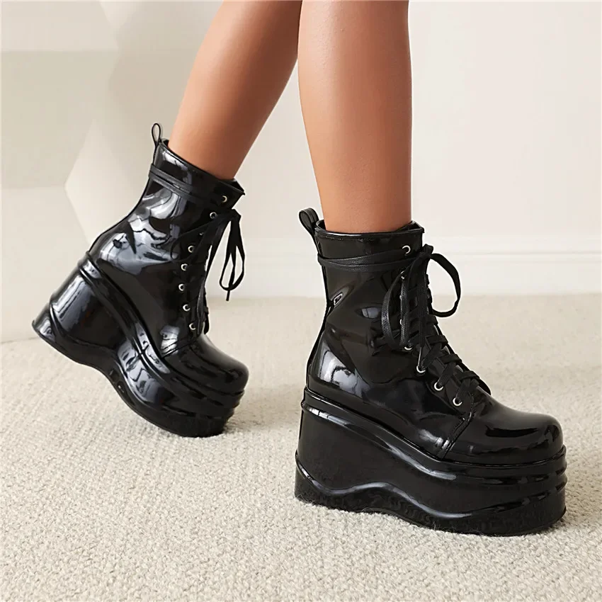 Winter Women Platform Ankle Boots Black Blue Patent Leather High Wedge Heel Lady Club Square Toe Lace-up Flat Bottom Gothic Boot