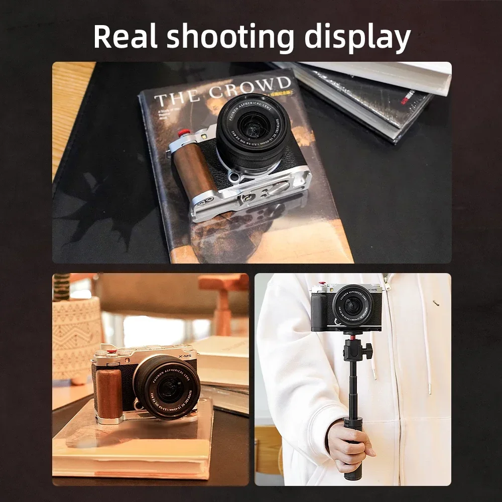قبضة كاميرا Flymile/قوس L لكاميرا FUJIFILM X-M5 بدون مرآة معدنية + قبضة خشبية تدعم محول نظام Arca-Swiss القابل للتمديد