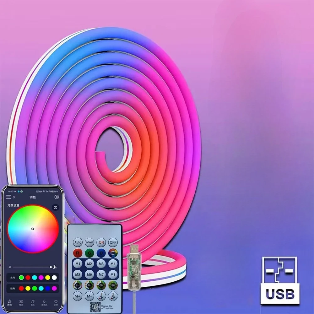 

Силиконовая неоновая светодиодная лента с синхронизацией музыки, многоцветная, для декора стен комнаты, светодиодная лента-полоса, светодиодные ленты