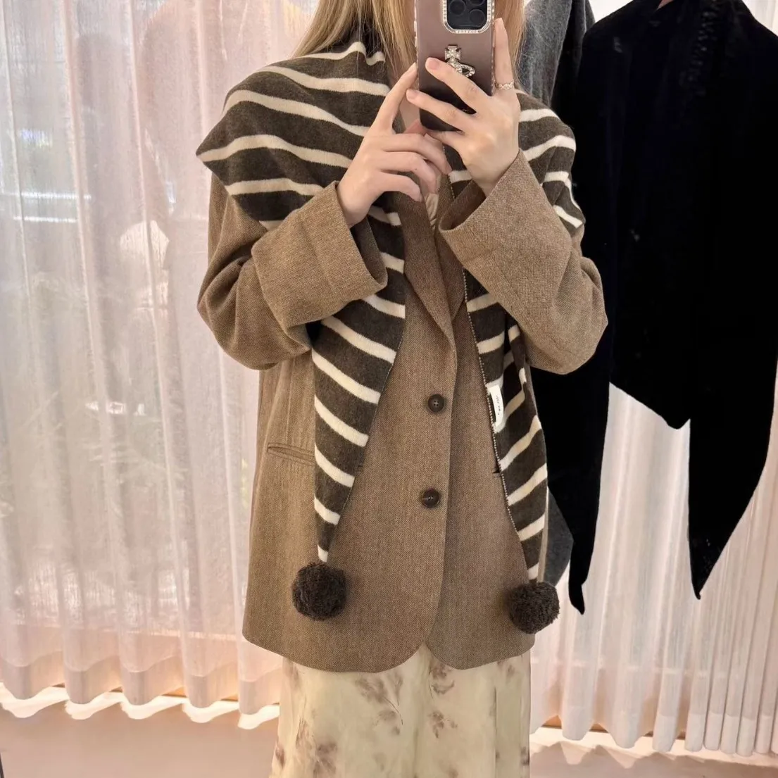 100% Wool Japanese Style Handmade Pom Pom Striped Triangle Scarf Christmas Holiday Soft Warm Shawl Wrap Unisex - Image 2