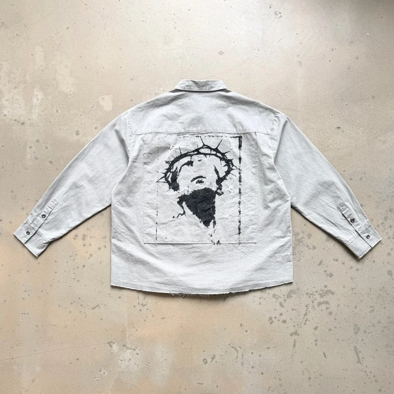 Street Fashion Saint Gray Limited Edition Heavyweight Washed Patch Shirt High-Quality Vintage Hardware Oversized Shirt Jacket