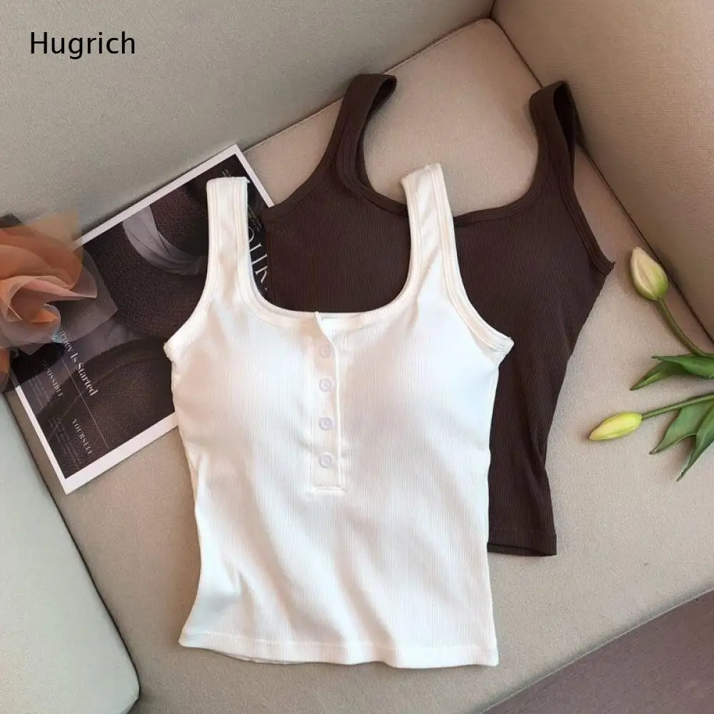 Women's Sleeveless Ribbed Knit Cami Top Square Neck Button Front Tank for Summer Daily