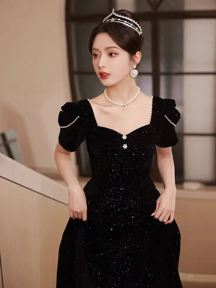 

Black Velour Evening Dress Elegant A-Line Square Collar Puff Sleeve Back Zipper Floor Length Prom Gowns Vestidos Robe De Soiree