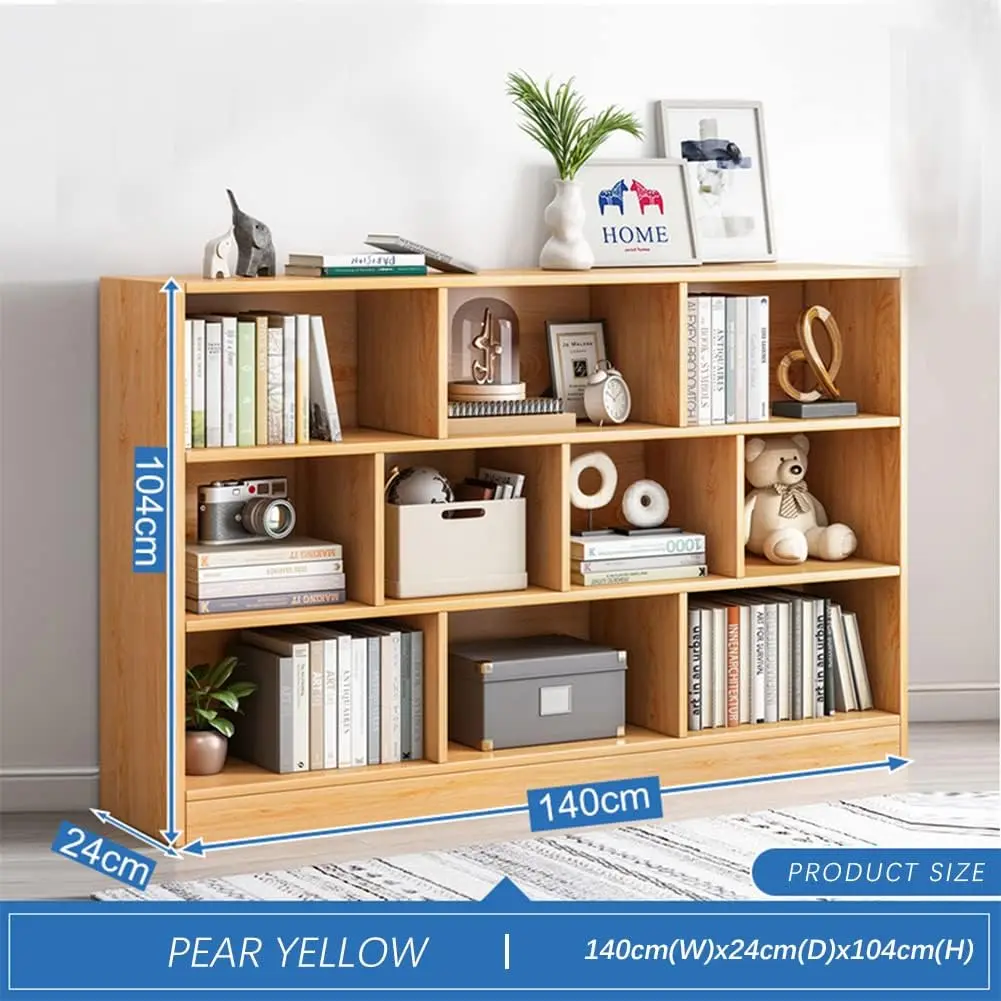 

Open Shelf Low Bookcase - Wooden 3-Tier Floor Standing Display Cabinet Organizer with Base, 10 Cubes Short Horizontal