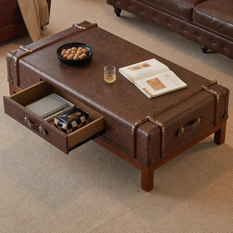 American retro leather box coffee table leather tea table living room hard box antique cigar bar coffee table French solid wood