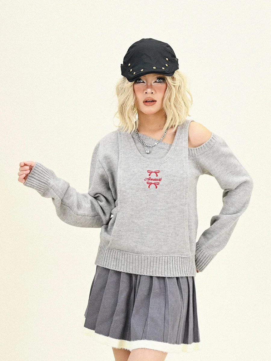 Fake Two-piece Off-the-shoulder Hooded Sweater Women's 2024 Winter New Loose Bf American High Street Knitted Top