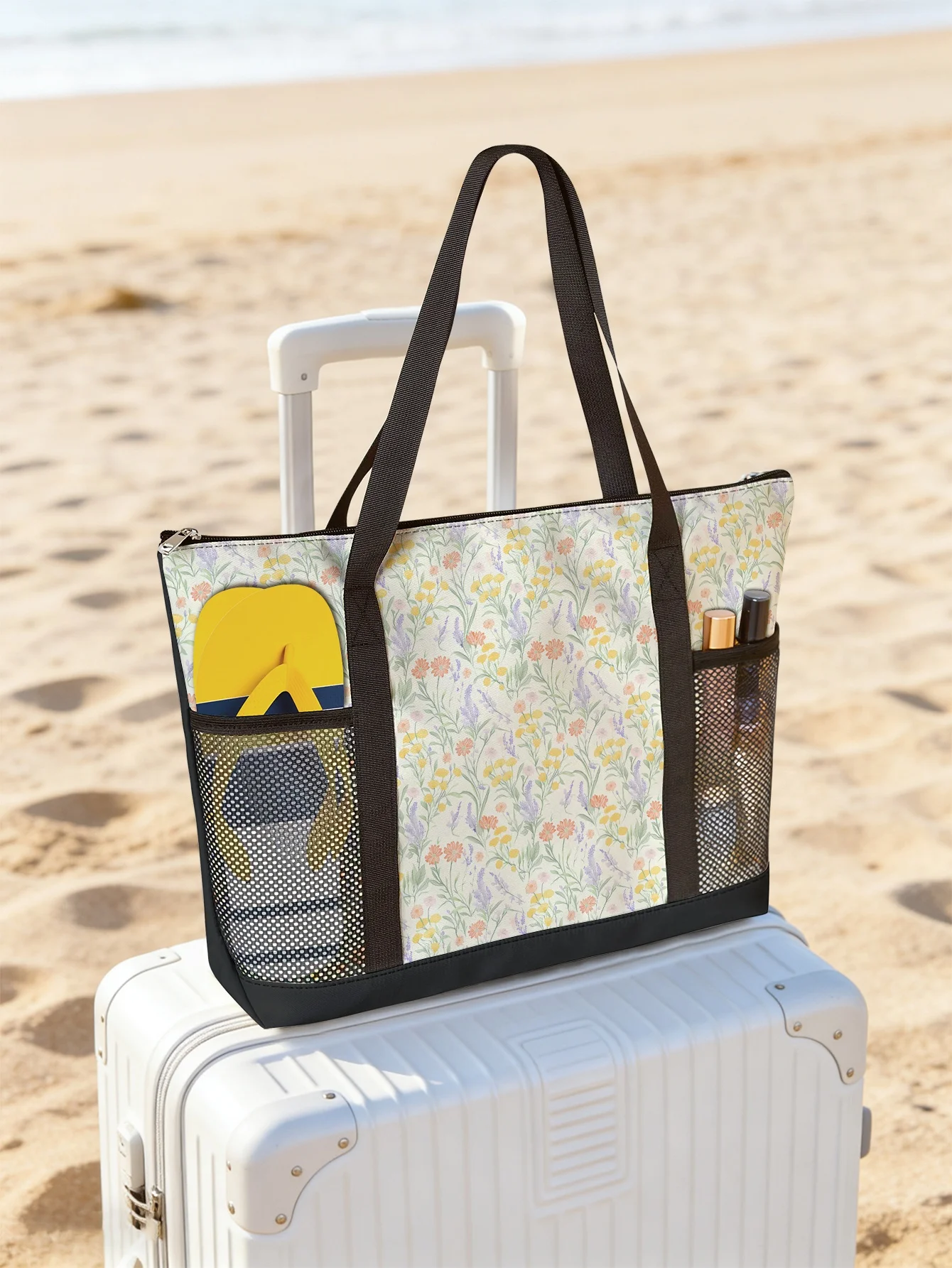 

Сумка с цветочным принтом, вместительная женская пляжная сумка, водонепроницаемая дорожная сумка через плечо с сетчатыми карманами.