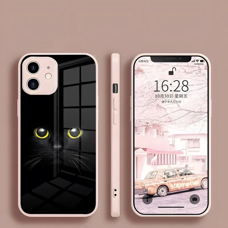 Black Cat Staring Eye On Phone Case For Iphone 15 14 13 Pro Max 12 11 Xr X Xs Mini 6 7 8 Plus Se 2022 2020 Glass Cover Pink