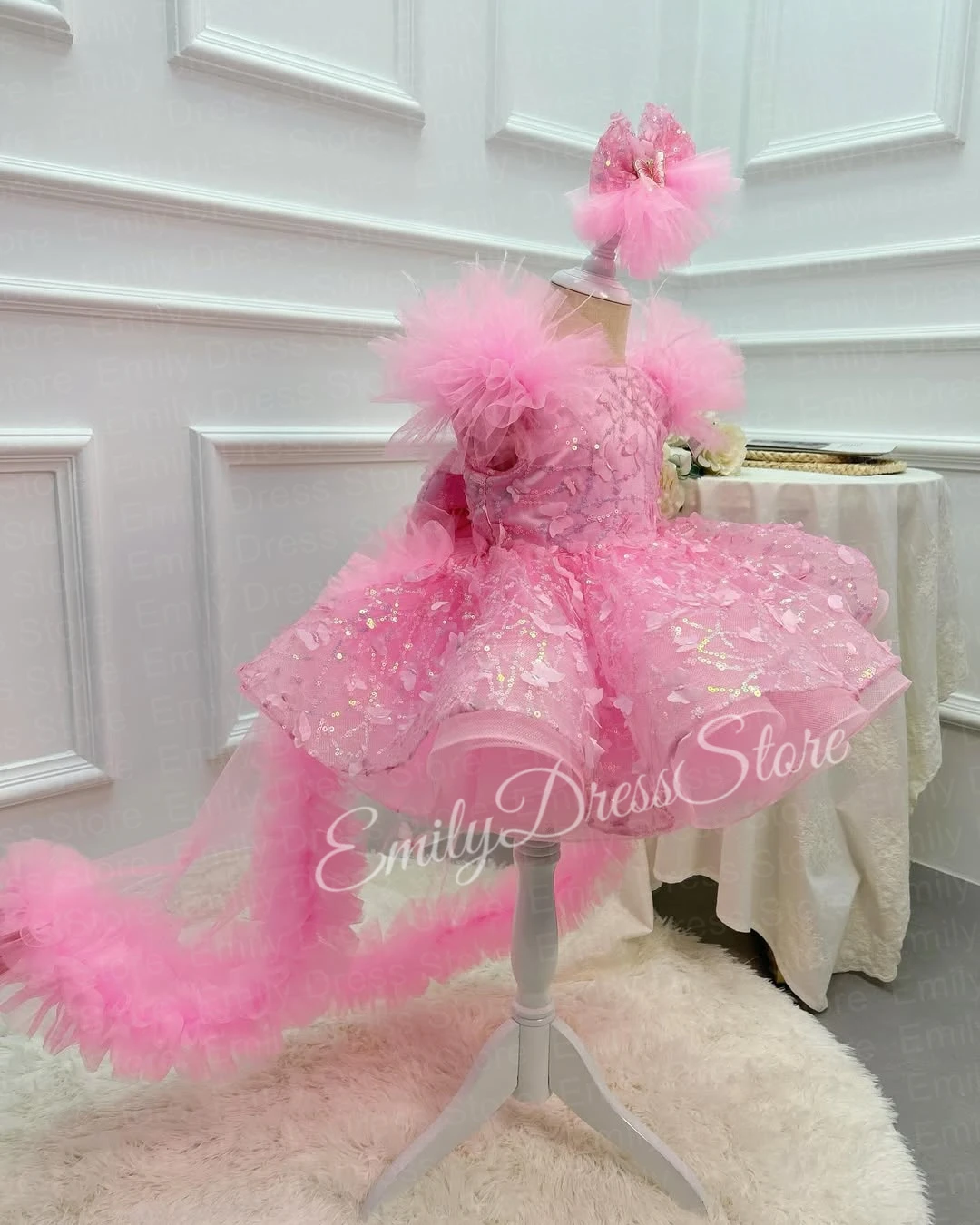 Customized Baby Flower Girl Dress For Wedding Applique Puffy Tulle Feather Sequins Birthday Party Kids First Communion Ball Gown image 3