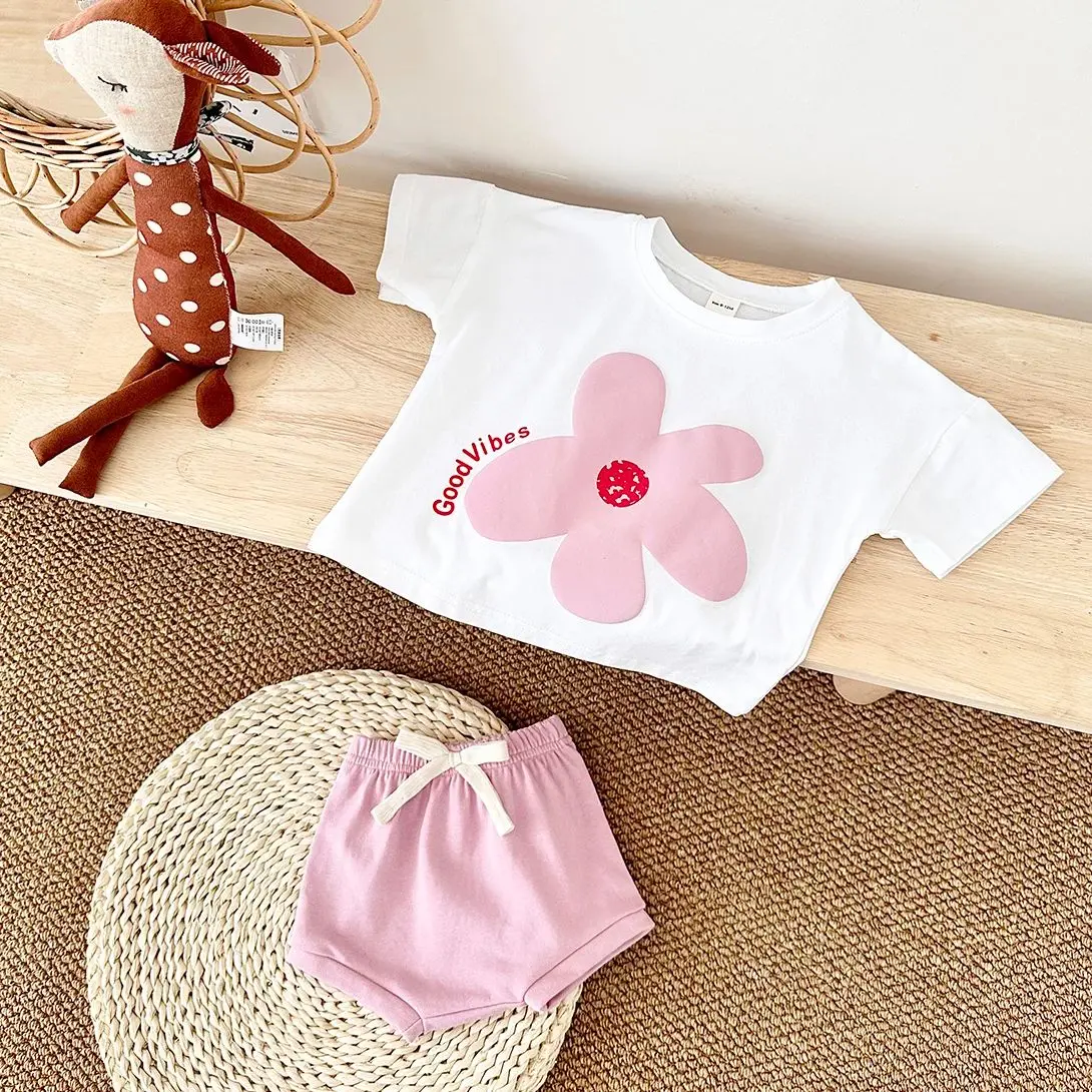 2024 Summer Baby Clothes Set Newborn Cotton Girl Suit Sun Flower Print Short Sleeved T-shirt+Beach Shorts  Toddler Boys Outfit