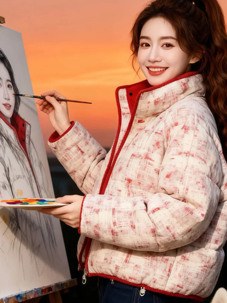 

Модная женская зимняя куртка из хлопка с цветочным принтом, воротником-стойкой, на молнии, в простом повседневном стиле