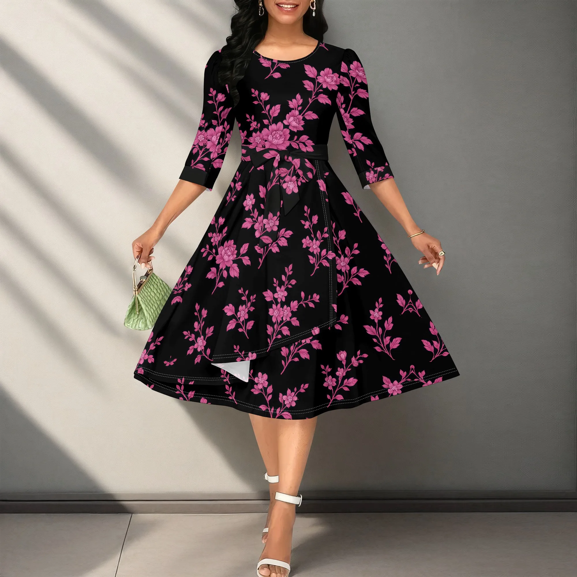 

"Floral A-Line Dress XS-3XL – Black & Pink Spring Dress with 3/4 Sleeves for Elegant Parties & Weddings"