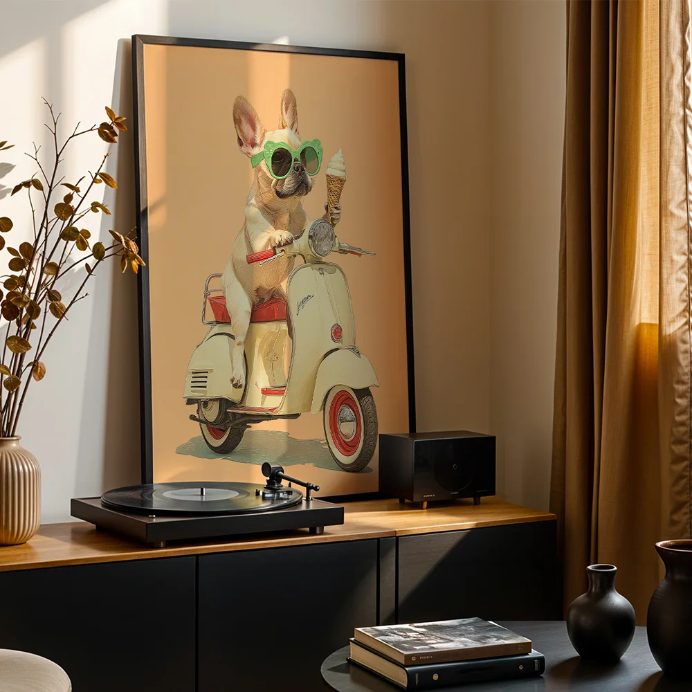 Minimal Abstract French Bulldog Riding Scooter Canvas Wall Decor Picture, 2D Printed Poster Wall Art, Fun Home Decor Gift For Li