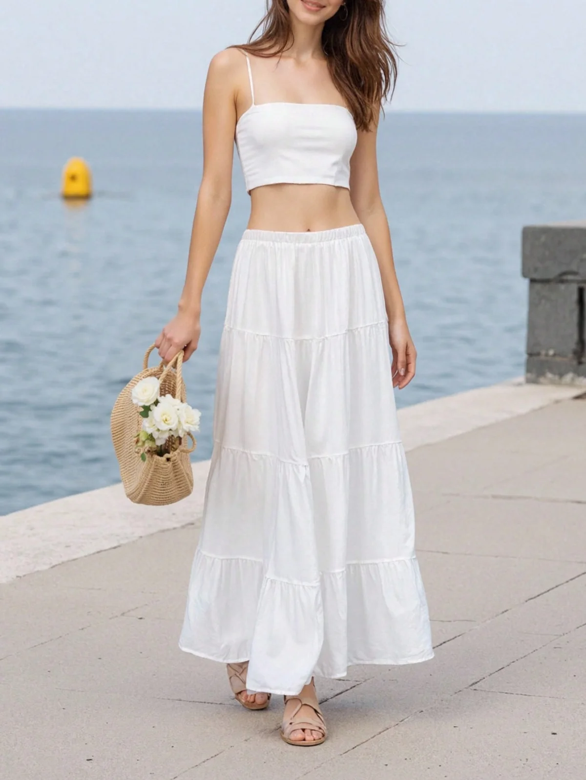 

BB6442 ZA25 Summer New Women's White Half length Skirt Fairy Long Skirt High Waist A-line Hanging Feeling Slimming Cake Skirt