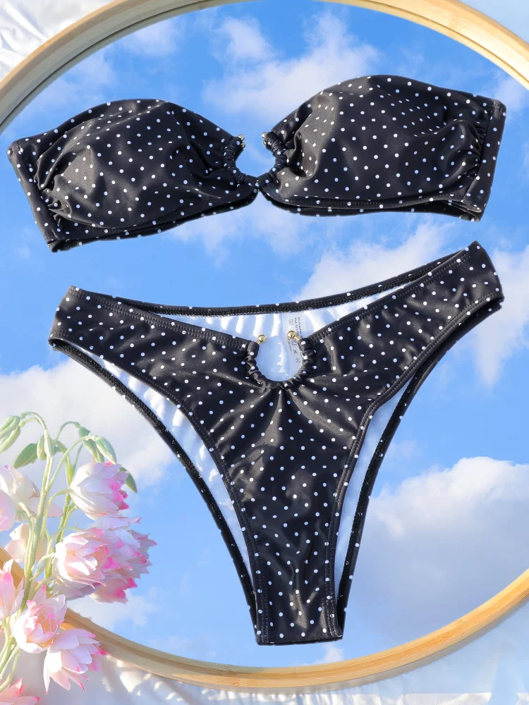 Bandeau Bikinis Set Push Up High Cut Swimwear Women Bathing Suit Sexy Swimsuit Black Dot Bikini Beachwear Female Biquini