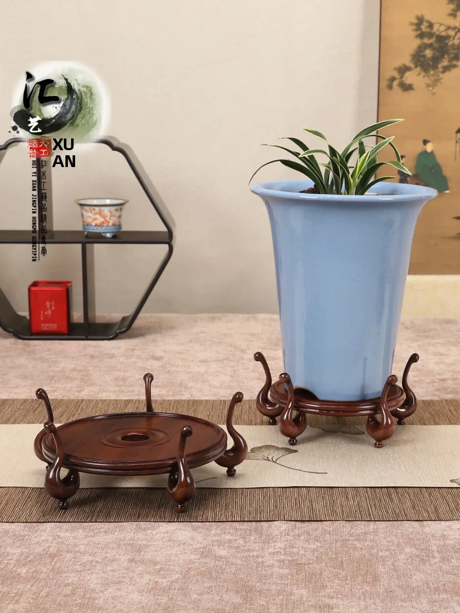 

New Chinese Sle Wood Carving Orchid Base Stand Bronze Gourd Tea Pot Flower Vase Gold Ball round Wood Tray Home Decor Acc...