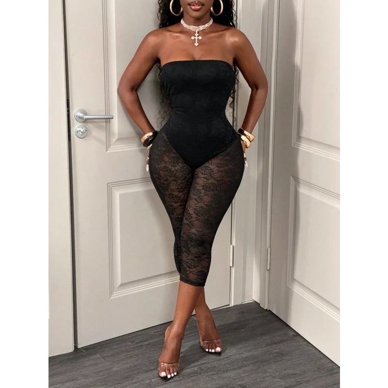 Damen trägerloser Spitzen-Jumpsuit, ärmellos, mit floralem Spitzenmuster, durchsichtige Capri-Hose, figurbetont, sexy, für Nachtclubs und Partys, Overalls – Detail 2