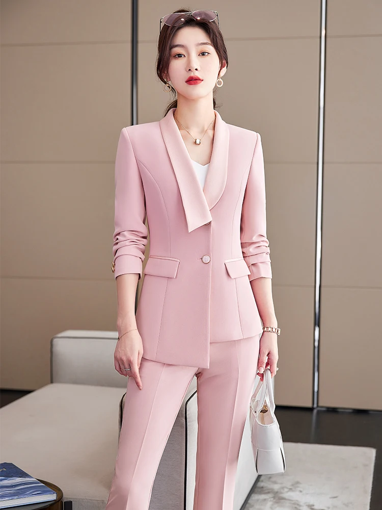 Blazer et pantalon formel pour femme, veste femme, surintendant ser, vêtements de travail d'hiver pour dames de bureau, mode, rose, violet, imbibé, ensemble 2 pièces