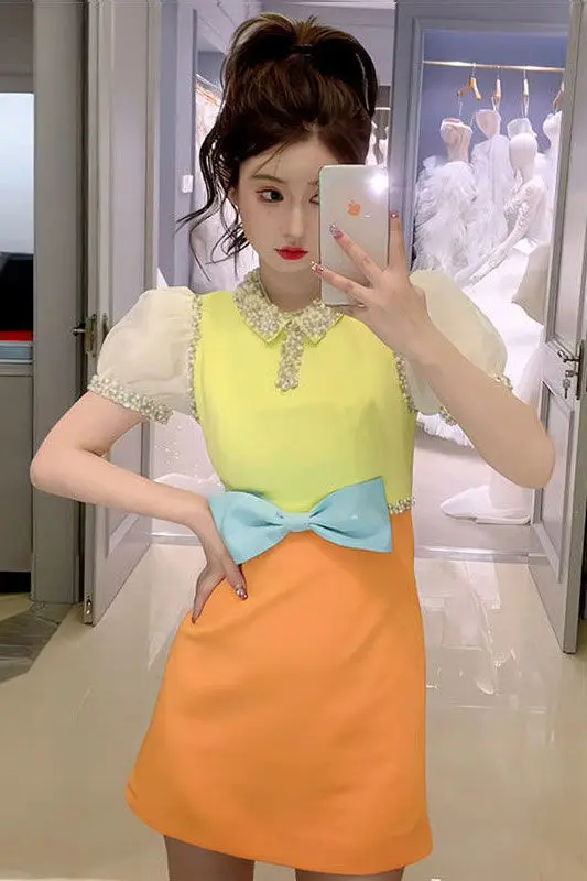 

French Luxury Contrast Color Spliced Bow Dress Women's Summer Beading Lapel Short-sleeved Fitted Waist Bodycon Elegent Dresses